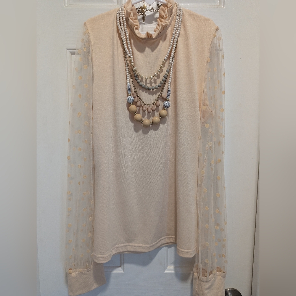 Elegant Cream Ruffle Neck Long Sleeve Top - Blooming Jelly - Size XS
